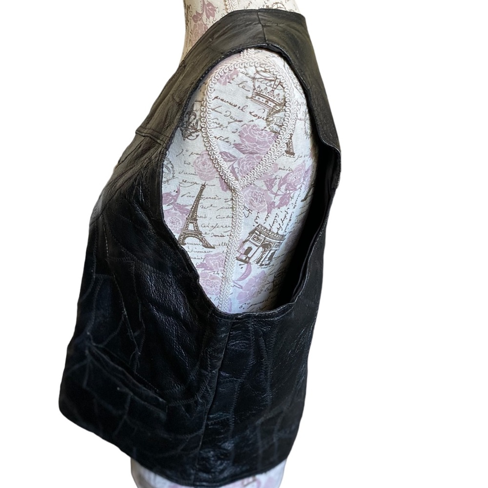 Vintage 80s Mens Patchwork Black Leather Motorcycle Vest Unisex - Picture 8 of 9